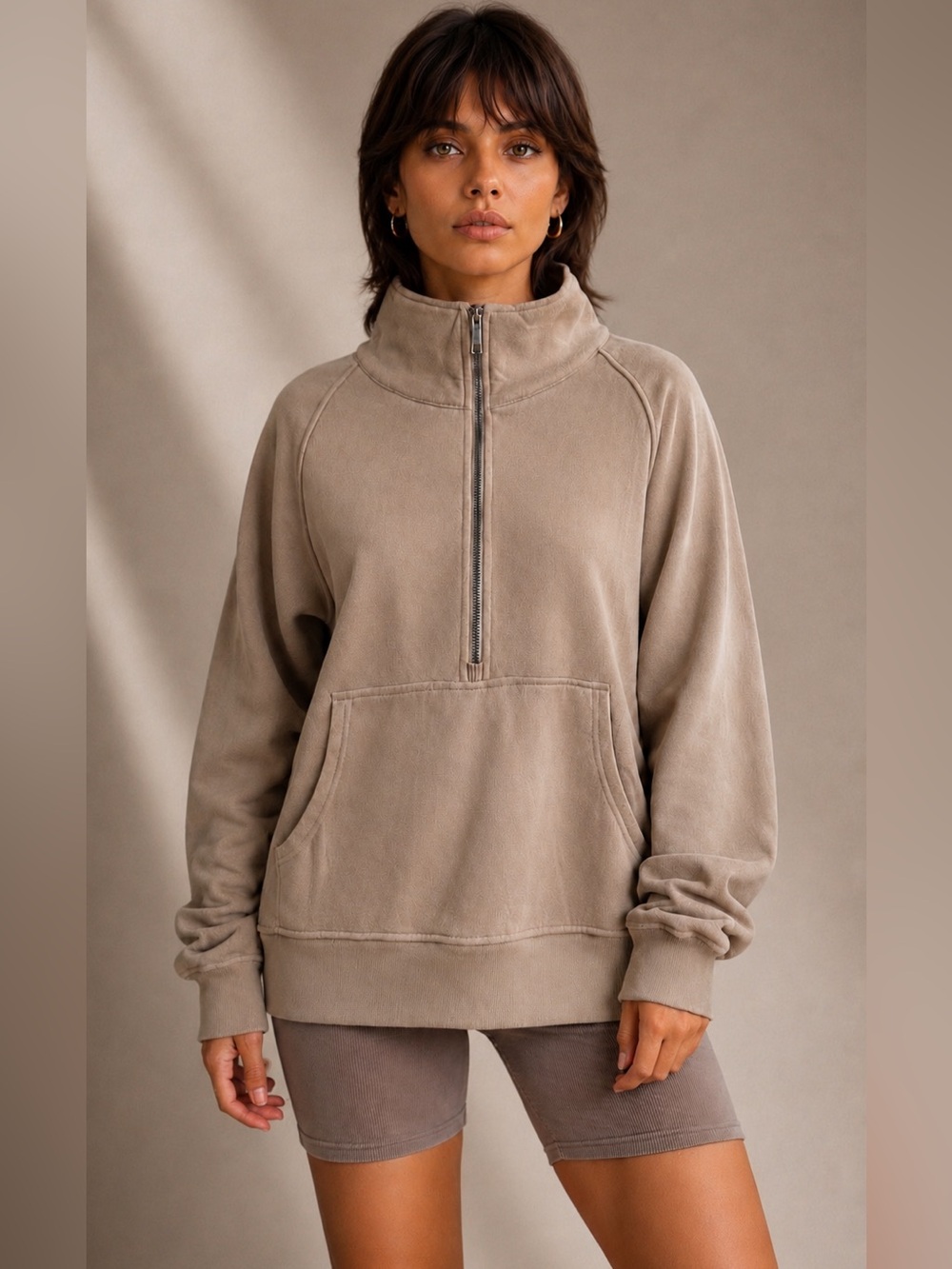 AUTOMET Funnel Neck Half Zip Thumbhole Pullover Sweatshirt Tan/Beige - Size M